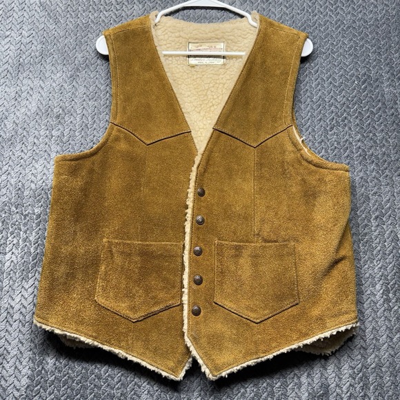 Vintage‎ Leatherland Shearling Suede Vest Men's 44 Brown Western USA Rockabilly